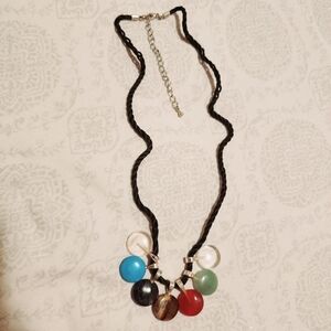 Seven Natural Stone Pendant Necklace on Black Rope Lobster Claw Clasp Quarts EUC